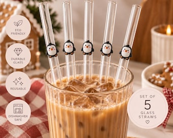 Pinguïn glazen gebogen rietjes set van 5 | Leuke herbruikbare drinkrietjes | Pinguïn ijskoffierietjes | Kerstcadeau | Cadeautje voor in de kerstsok