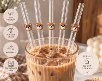 Nallebjörns böjda sugrör i glas | Set om 5 | Söta återanvändbara sugrör | Iskaffesugrör | Nallebjörnspresent | Estetiskt glasglas