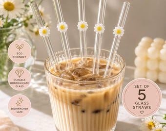 Böjda glasrör i Daisy-stil | Söta återanvändbara sugrör | Tillbehör till iskaffe | Set med blommiga sugrör i glas | Present till kaffeälskare | Set om 5