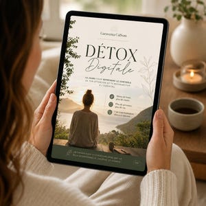 Peut inclure: Une personne tient une tablette affichant un guide de désintoxication numérique. L'écran affiche le titre "DÉTOX Digitale" avec du texte en français. L'image à l'écran présente une personne regardant un paysage. La tablette est tenue devant un arrière-plan flou.