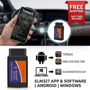 Könnte beinhalten: Ein ELM327-Interface-Gerät mit schwarzem und orangefarbenem Design. Das Bild zeigt das Gerät, das mit einem Smartphone verbunden ist, auf dem die "TORQUE"-App angezeigt wird, zusammen mit dem Text "ELM327 APP & SOFTWARE | ANDROID | WINDOWS".