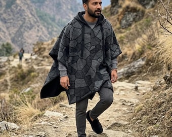 Gray Hooded Poncho Geometric Cape, Oversized Wool Cloak, Mens Ethnic Shawl, Boho Hooded Wrap, Casual Modern Outerwear
