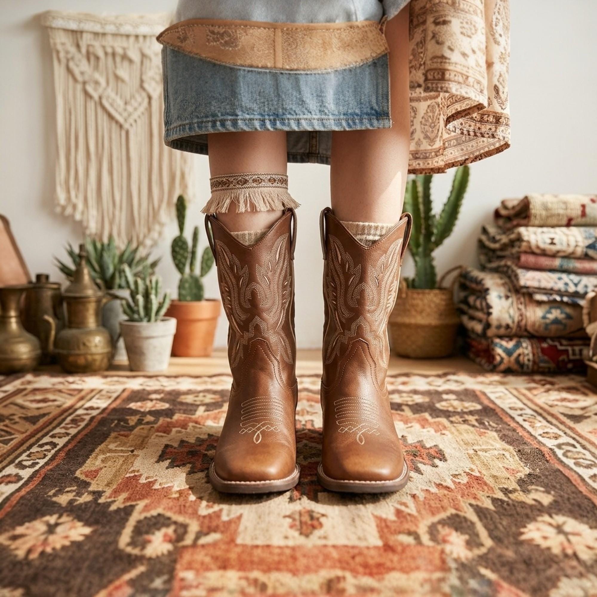 VTG Code West Bottes de cow-boy en cuir marron clair à
