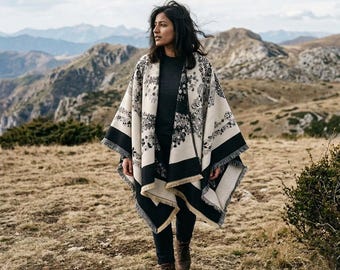 Black and White Floral Shawl Wrap, Boho Fringe Poncho Cape Soft Cozy Knit Ruana, Elegant Lightweight Winter Fall Layering Gift for Women
