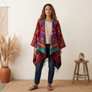 Colorful Southwestern Poncho Cardigan with Fringe Boho Tribal Geometric Knit Shawl Wrap Open Front Cozy Statement Jacket for Women