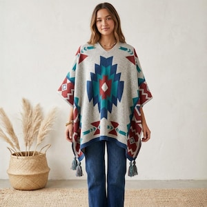 Southwestern Pattern Poncho for Women, Boho Knit Tassel Cape, Warm V Neck Blanket Wrap, Tribal Aztec Winter Shawl Cozy Gift