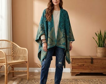 Boho Blue-Green Poncho with Paisley and Floral Patterns – Cozy Knit Shawl for Women, Stylish Fall and Winter Layering, Warm Elegant Fashion