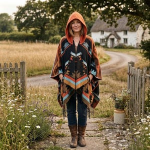 Peut inclure: Un poncho à capuche orné de motifs géométriques noirs, orange et turquoise, avec une bordure à franges. Il est porté avec un jean bleu et des bottes marron. La personne se tient sur un chemin de pierre dans un cadre rural.