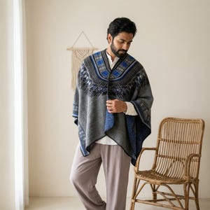 Exotic Geometric Poncho Cardigan, Open Front Knit Wrap, Boho Shawl Sweater, Cozy Fall Winter Layering