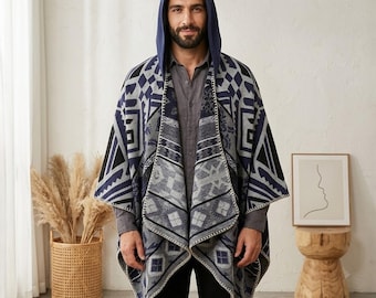 Boho, kaptur, ponczo, granatowo-szary, geometryczny, plemienny, przytulny, dzianinowy, Ruana, warstwowy, zimowy, jesienny
