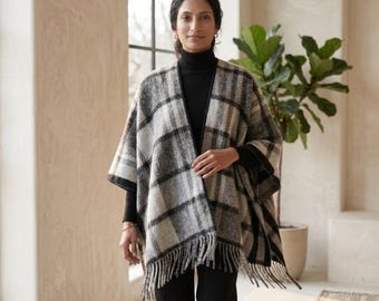 Plaid Poncho Shawl with Fringe Detail in Gray & White - Cozy, Soft Layering Piece for Fall and Winter Fashion