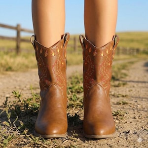 Women's Brown Flame Embroidered Cowboy Boots – Western Leather Mid Calf Pointed Toe Cowgirl Country Fashion Statement Footwear