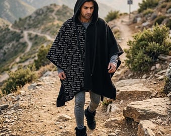 Black Hooded Asymmetrical Poncho Top with Text Print, Oversized Streetwear Cape Hoodie, Unisex Modern Minimalist Fashion Piece