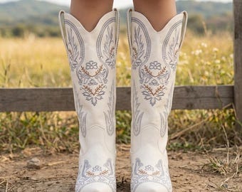 Women's White Embroidered Cowboy Boots – Western Floral Stitch Pointed Toe Mid-Calf Leather Country Cowgirl Fashion Footwear