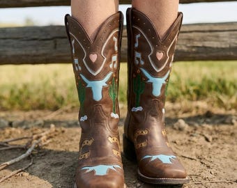 Stivali da cowboy in pelle marrone con ricami di teschio di longhorn, cactus e cuore, stile western, a punta.