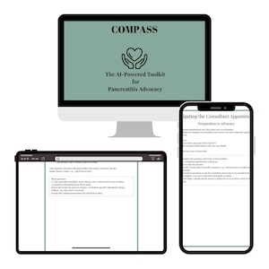 以下が含まれることがあります： 「COMPASS」と「The AI-Powered Toolkit for Pancreatitis Advocacy」と表示されたコンピュータ画面。タブレットとスマートフォンには、健康と医療予約に関連するテキストが表示されています。