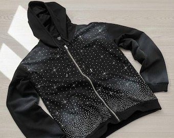 ブラックラインストーン ジップアップパーカー - ユニセックス