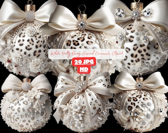 May include: A collection of six spherical Christmas ornaments featuring a white and tan leopard print pattern, adorned with cream-colored satin bows, white floral embellishments, and clear crystals. The text reads White Holly Berry Leopard Ornaments Clipart 20 JPG HD.