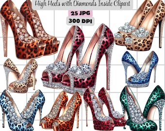 High Heels Clipart, High Heels with Diamonds Clipart, Luxury Crystal Shoe JPG, Glam Fashion Illustration Digital Download for Crafts Journal