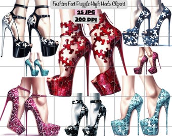 Fashion Feet Shoe Clipart, High Heels Clipart, Fashion Feet Puzzle High Heels Clipart, Luxury Stiletto Shoe Illustration JPG for Crafts, Art