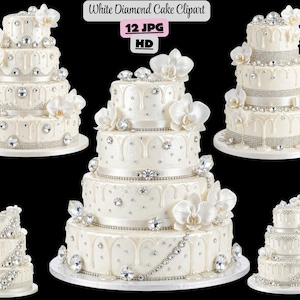 May include: Several white tiered cakes with diamond and pearl embellishments and white orchid accents. The cakes have a dripping frosting design and are on white cake stands. The image includes the text "White Diamond Cake Clipart".