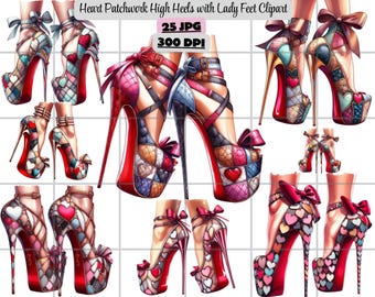 Clipart de tacones de moda, clipart de tacones altos, clipart de tacones altos con patchwork de corazón y pies de mujer, descarga digital de alta calidad, uso comercial