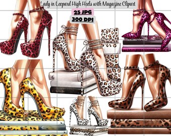 Leopard High Heels Clipart, Fashion Shoe Clipart, Lady in High Heels Clipart, Heels in Magazine JPG, Fashion Art Digital Download for Crafts