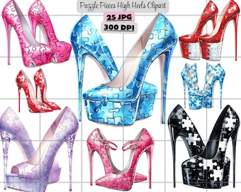 Couture High Heels Clipart, Fashion Shoe Clipart, Puzzle Pieces High Heels Clipart, Luxury Watercolor Stilettos Clipart Digital Download JPG
