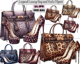 Tas clipart, hoge hakken clipart, Leopard luxe tas en hakken clipart designer modeaccessoires JPG Glam hoge hakken en handtas digitale kunst