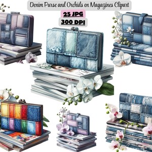 May include: A collection of denim purses in various shades of blue, arranged on stacks of magazines and adorned with white and pink orchids. The purses feature patchwork designs and are presented in a digital art style. The image includes text that reads "Denim Purse and Orchids on Magazines Clipart".