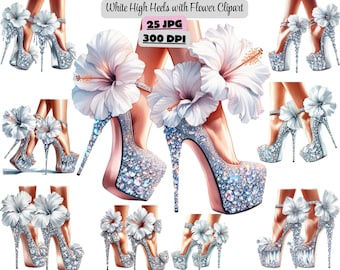 Floral High Heels, Shoes Clipart, Fashion Illustration, Prom Shoes, White High Heels Clipart, Digital Download JPG for Crafts Commercial Use