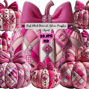 May include: A collection of decorative pumpkins in various shades of pink, featuring quilted diamond patterns, embedded crystals, and large bows on top. The central text reads Pink Plaid Diamond Autumn Pumpkin Clipart 20 JPG HD.