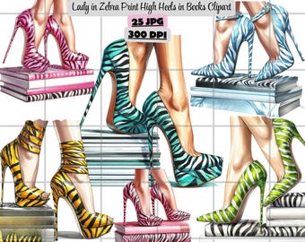 Fashion Heels Clipart, High Heels on Books Clipart, Lady in Zebra Print High Heels in Books Clipart Fashion Shoe Digital Download for Crafts