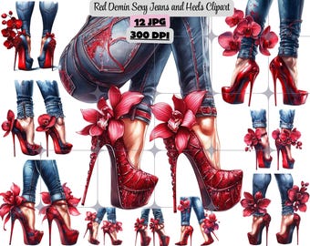 Imágenes prediseñadas de mujer sexy, imágenes de pies de moda, imágenes de chicas de moda, imágenes de tacones altos, imágenes de jeans y tacones sexys en mezclilla roja, descarga digital