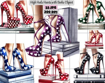 Fashion High Heels Clipart, High Heels Hearts with Books Clipart, Glam Shoe Clipart, Boss Babe Fashion Clipart for Crafts, Journal, Branding