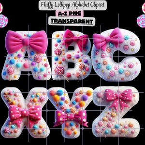 May include: A colourful alphabet clipart set showing the letters A, B, C, X, Y, and Z, each with a fluffy, candy-like design. The letters are decorated with sweets, lollipops, and pink bows, ideal for creative projects. The image includes the text "Fluffy Lollipop Alphabet Clipart".
