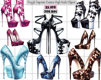 Fashion Heels Clipart, Couture Glam Shoes Clipart, Puzzle Imprints High Heels Clipart, Boss Babe High Heels Clipart, High-Res JPG for Crafts