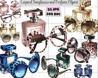 Leopard Sunglasses and Perfume Clipart, Luxury Fashion Illustration, Fashion Accessories JPGs, Glam Fashion Illustration for Crafts, Journal