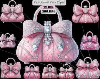 Purse Clipart, Bag Clipart, Fuchsia Diamond Purse Clipart, Luxury Handbag PNG, Glam Fashion Illustration, Designer Style Clip Art for Crafts
