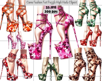 Fashion Feet High Heels Clipart, Glam Fashion Shoe Clipart, Camo Fashion Feet Puzzle High Heels Clipart High-Res JPG for Crafts Junk Journal