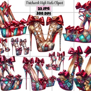 Könnte beinhalten: Aquarell-Illustration von High Heels mit Patchwork-Designs in verschiedenen Farben, darunter Rot, Blau und Gold. Jeder Schuh hat eine rote Schleife. Der Text "Patchwork High Heels Clipart" ist sichtbar.