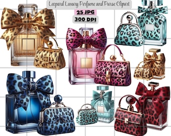 Perfume y bolso de lujo de leopardo, clipart de perfume, clipart de bolso de lujo, clipart de estampado animal, accesorios de moda glamurosos JPG para manualidades