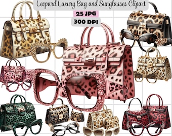 Fashion Set Clipart, Fashion Accessories Clipart, Leopard Luxury Bag and Sunglasses Clipart, Glam Leopard Print JPG High Fashion Digital Art