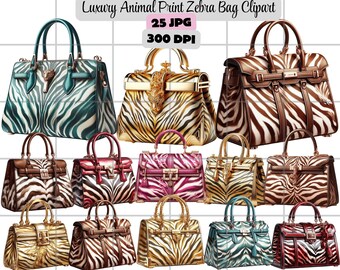 Luxury Bag Clipart, Luxury Animal Print Zebra Bag Clipart, Designer Handbag PNG, Fashion Purse Illustration Glam Digital Download for Crafts