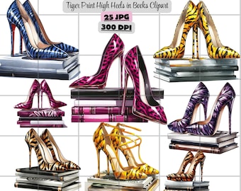 Fashion High Heels Clipart, Tiger Print High Heels on Books Clipart, Glam Fashion Shoe Clipart JPG, Animal Print Stiletto Clipart for Crafts