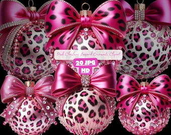 May include: A collection of five spherical Christmas ornaments featuring a pink and black leopard print pattern, each topped with a large pink satin bow and embellished with clear crystals. The text Pink Christmas Leopard Ornaments Clipart 20 JPG HD is centred.