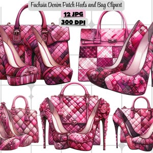 Puede incluir: Una colección de tacones altos y bolsos de mano de color fucsia. Los zapatos y bolsos presentan un diseño de patchwork con detalles florales. La imagen incluye el texto "Fuchsia Denim Patch Heels and Bag Clipart", "12 JPG" y "300 DPI".