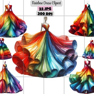Może przedstawiać: Akwarelowe ilustracje tęczowych sukienek. Sukienki mają zwiewne spódnice i różne dekolty. Obraz zawiera tekst "Rainbow Dress Clipart", "25 JPG" i "300 DPI". Sukienki są w różnych stylach.