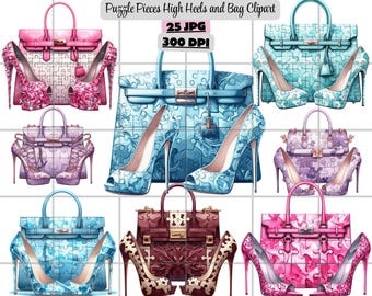 Luxe tas clipart, mode schoen clipart, puzzelstukjes hoge hakken en tas clipart luxe mode schoen & handtas illustratie JPG voor ambachten