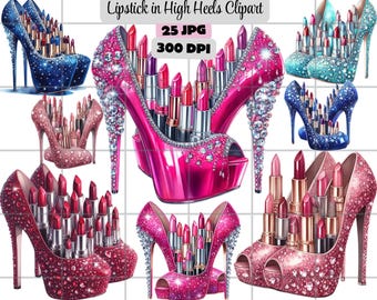 Puede incluir: Una colección de zapatos de tacón alto llenos de barras de labios. Los zapatos están adornados con brillantes pedrería y vienen en varios colores, incluyendo rosa, azul y rojo. La imagen incluye el texto "Lipstick in High Heels Clipart".